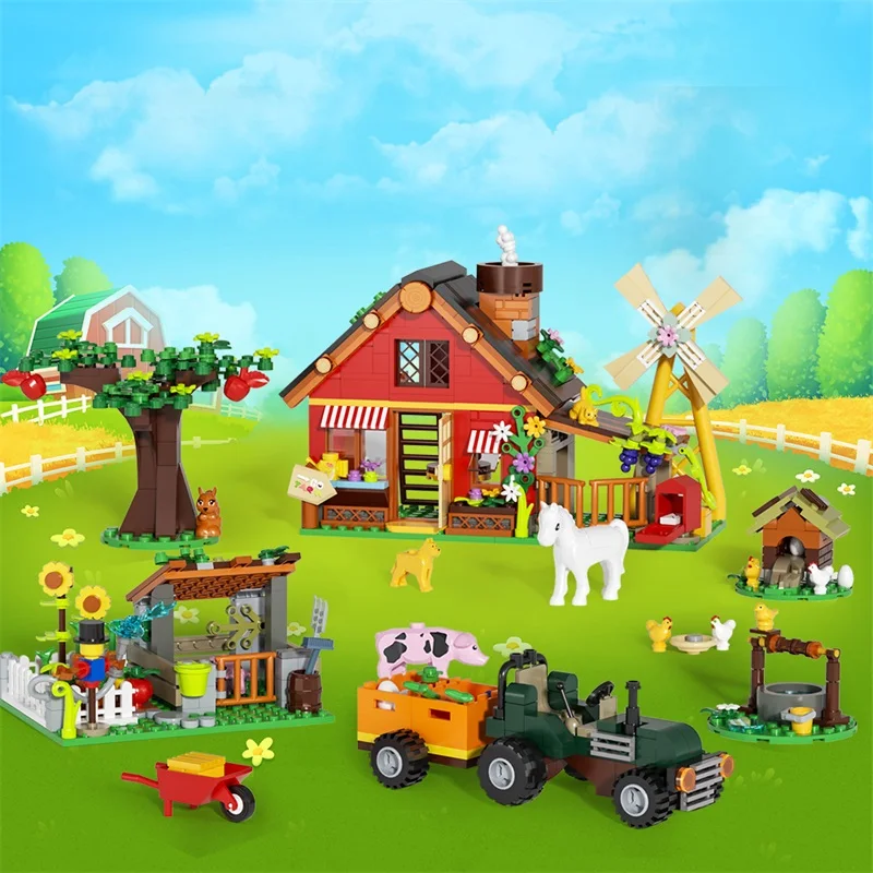 Agriculture Farm House - クリエイティブ風車ファームハウスビルディングブロックモデル農業車両動物木植物レンガアクセサリーパズルおもちゃギフト